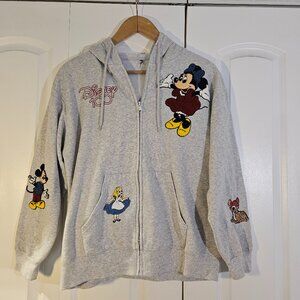 Disney Women's Hoodie Sz L Gray Character Embroidery 100 Anniversary Mickey